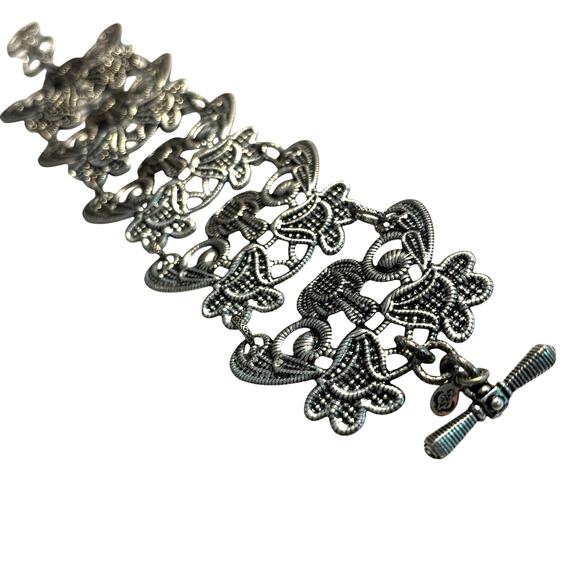 Vintage Premier Designs Wide Silver Panel Chain Bracelet textured ornate Boho - Picture 3 of 9